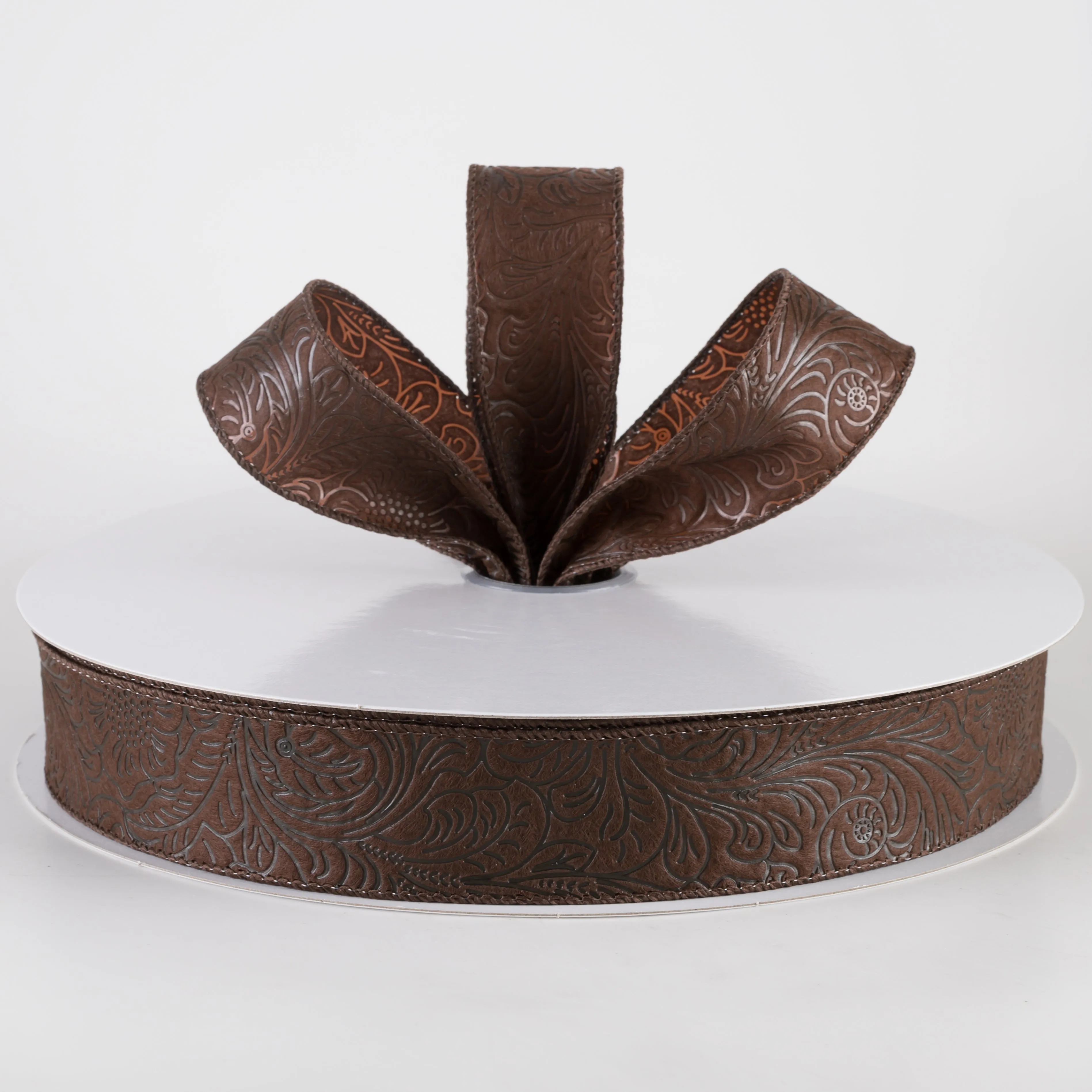 1.5" Embossed Flower Breeze Ribbon: Brown (50 Yards)