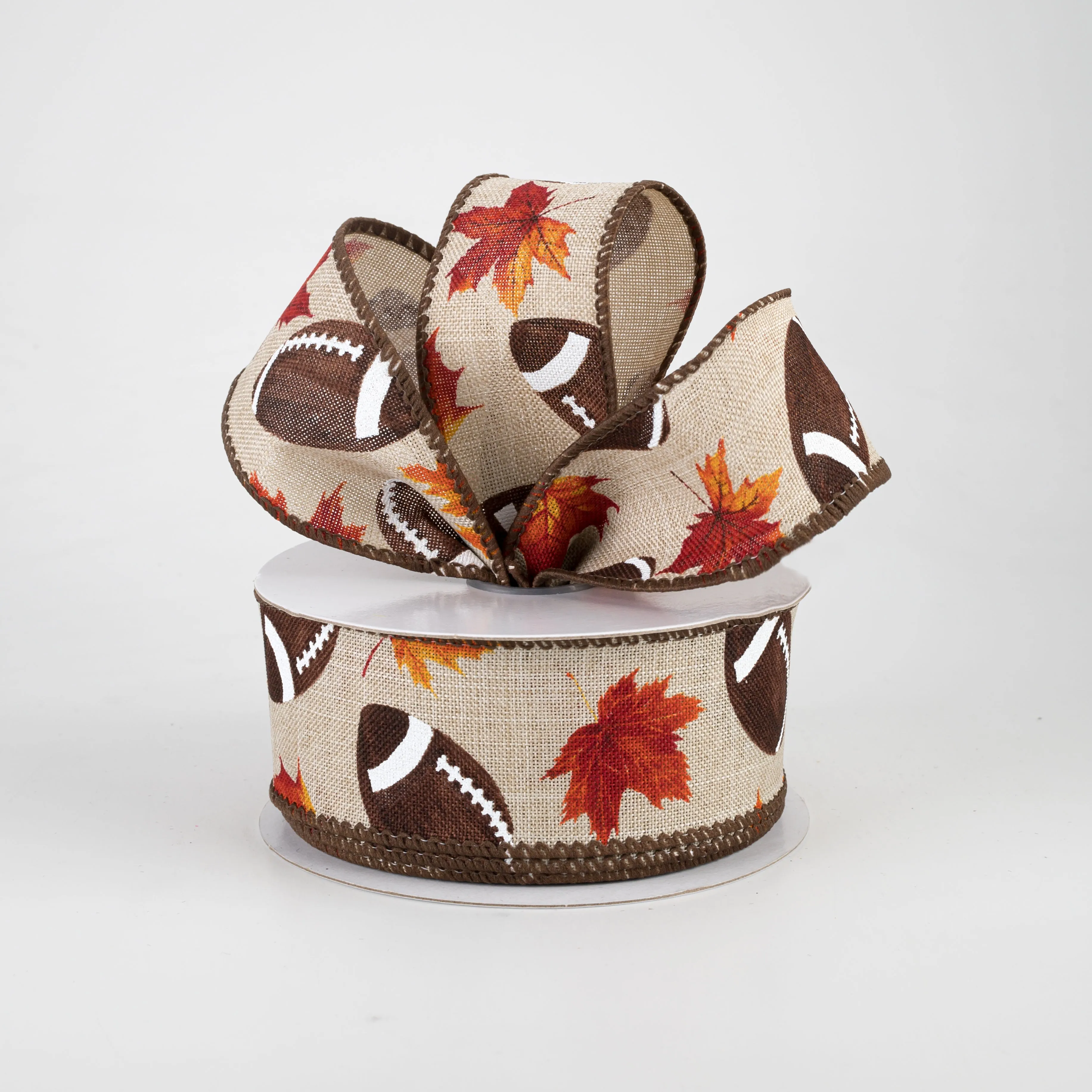 1.5" Fall Leaf Football Ribbon: Natural (10 Yards)