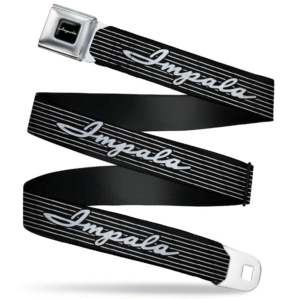 1962 IMPALA Script Emblem Full Color Black Silver Seatbelt Belt - 1962 IMPALA Script Emblem/Stripe Black/White/Silver Webbing