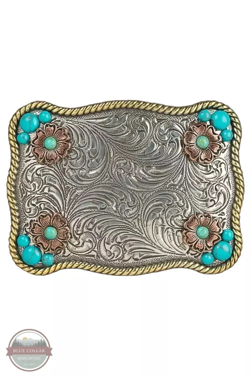 37929 Flower & Turquoise Accented Rectangle Belt Buckle