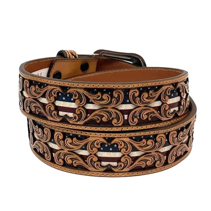 3D Men's Floral Tooled American Flag Inlay Leather Belt D100012408