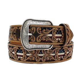 3D Men's Floral Tooled American Flag Inlay Leather Belt D100012408