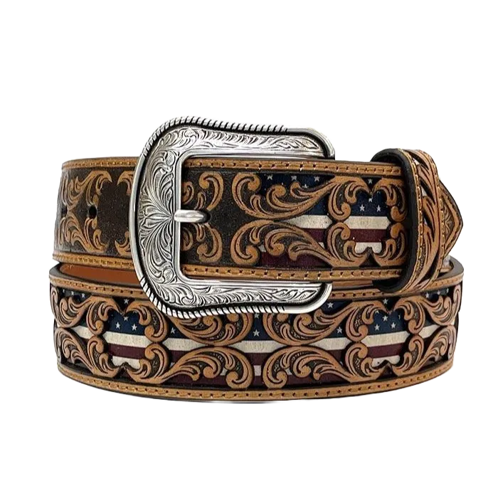 3D Men's Floral Tooled American Flag Inlay Leather Belt D100012408