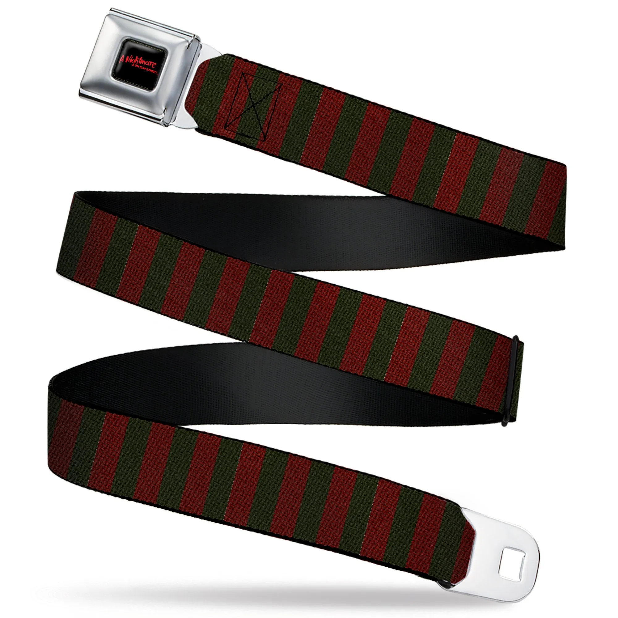 A NIGHTMARE ON ELM STREET Full Color Black/Blood Splatter Reds Seatbelt Belt - A Nightmare on Elm Street Freddy Krueger Sweater Stripe Reds/Greens Webbing