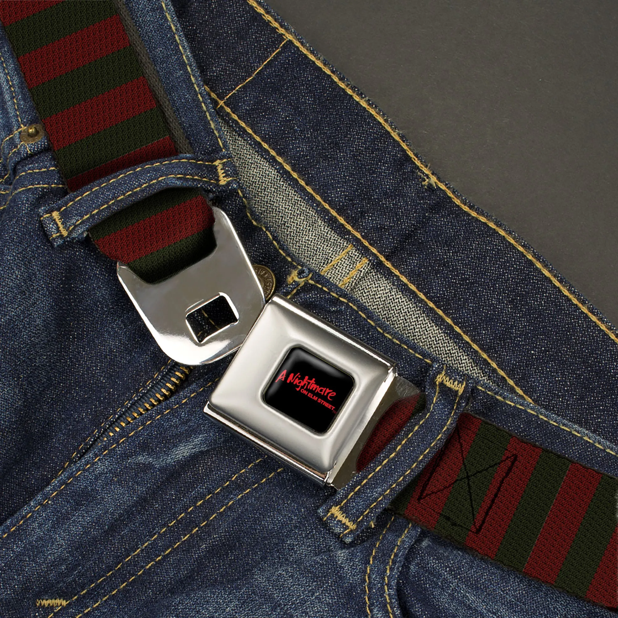 A NIGHTMARE ON ELM STREET Full Color Black/Blood Splatter Reds Seatbelt Belt - A Nightmare on Elm Street Freddy Krueger Sweater Stripe Reds/Greens Webbing