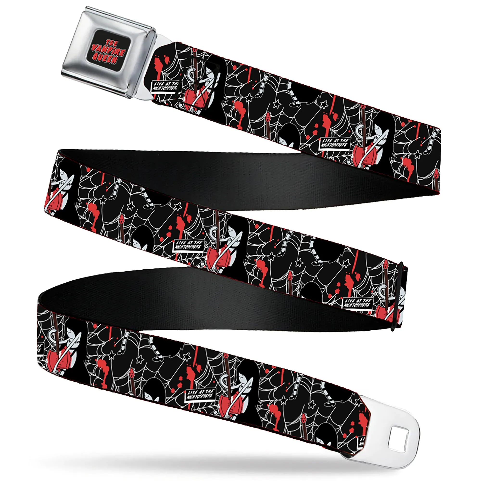 Adventure Time Marceline THE VAMPIRE QUEEN Title Logo Full Color Black/White/Red Seatbelt Belt - Adventure Time Marceline LIVE AT THE NIGHTOSPHERE Pose Black/White/Red Webbing