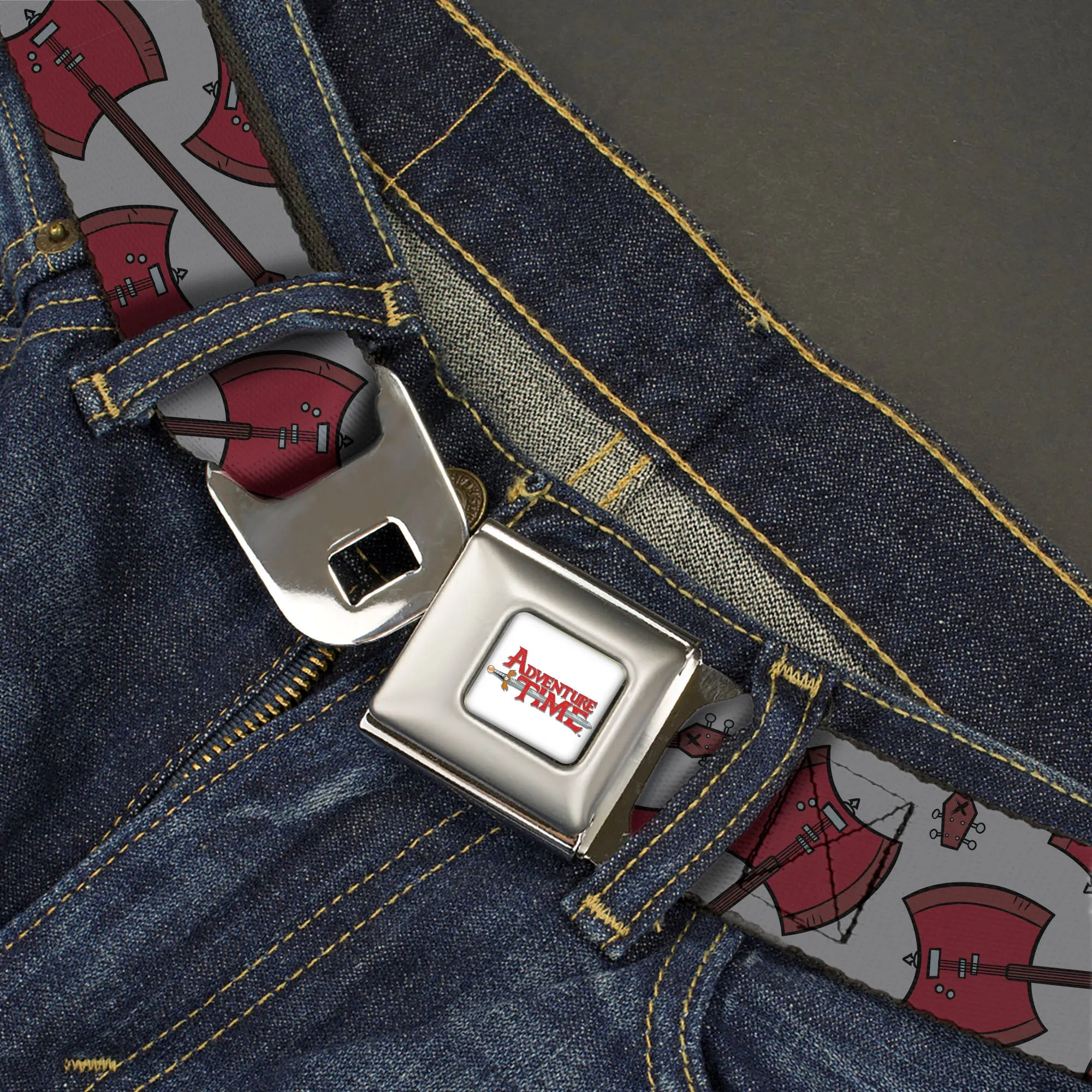 ADVENTURE TIME Title Logo Full Color White Seatbelt Belt - Adventure Time Marceline's Axe Bass Scattered Gray Webbing