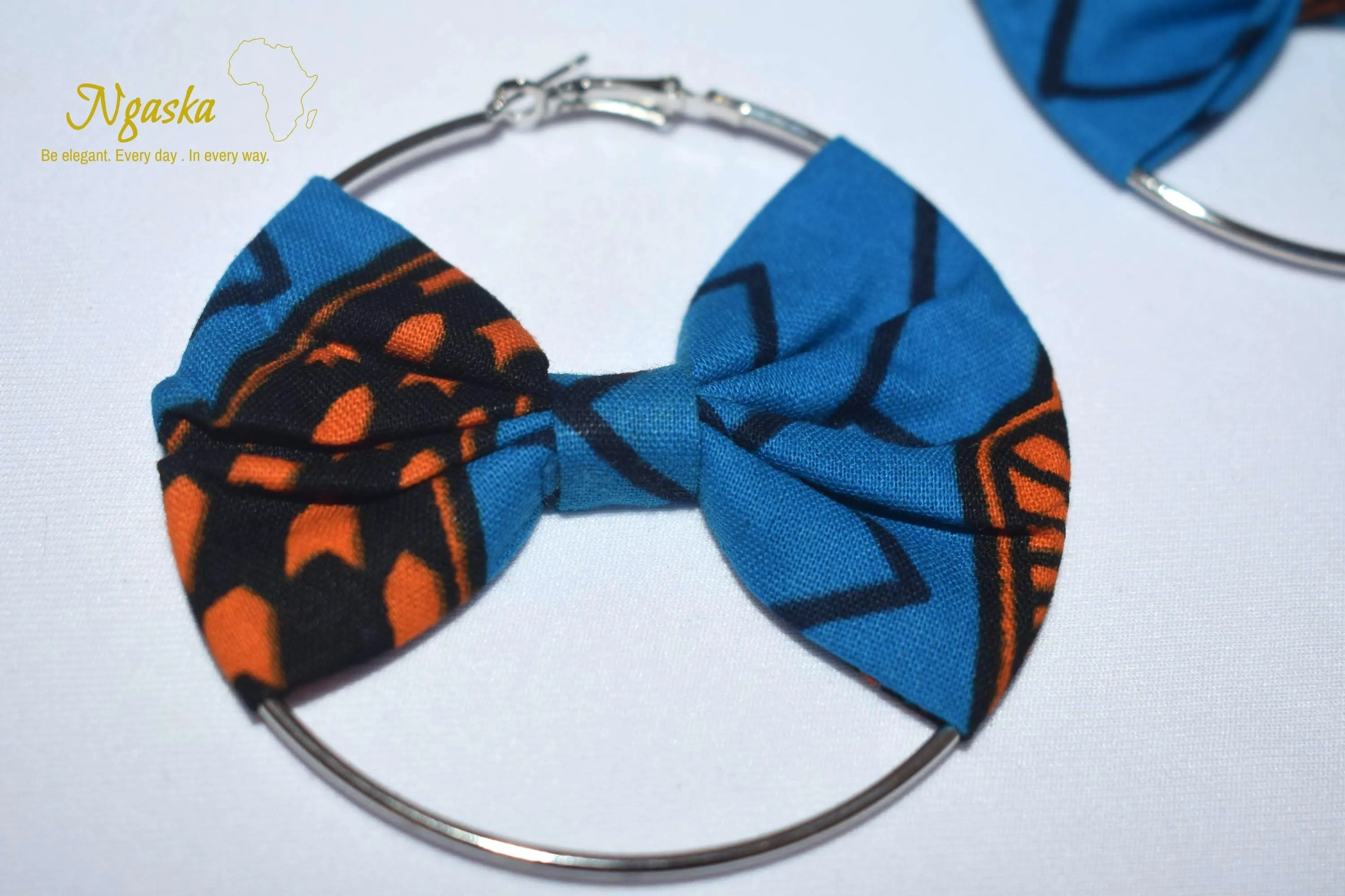 African Print Creole Hoop Earrings, Blue and Orange - ER5