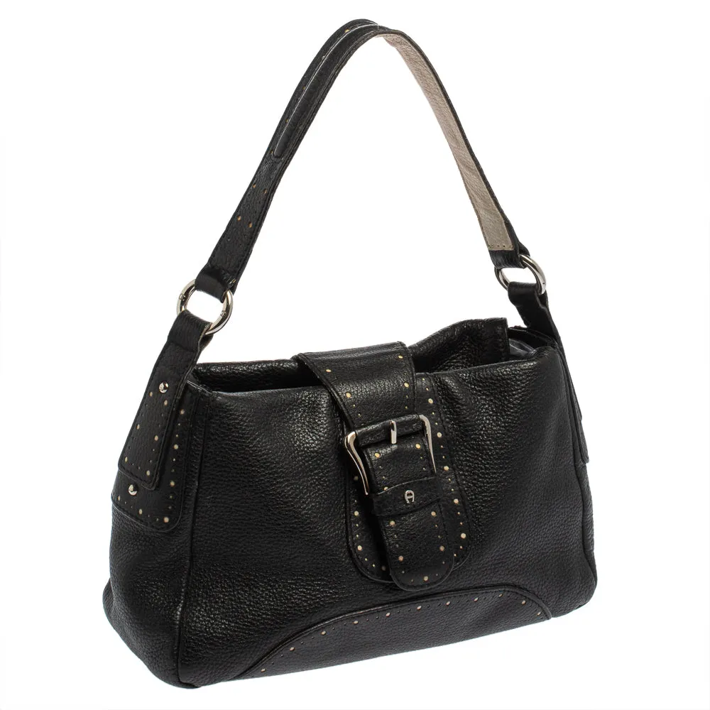 AIGNER Black Grained Leather Shoulder Bag