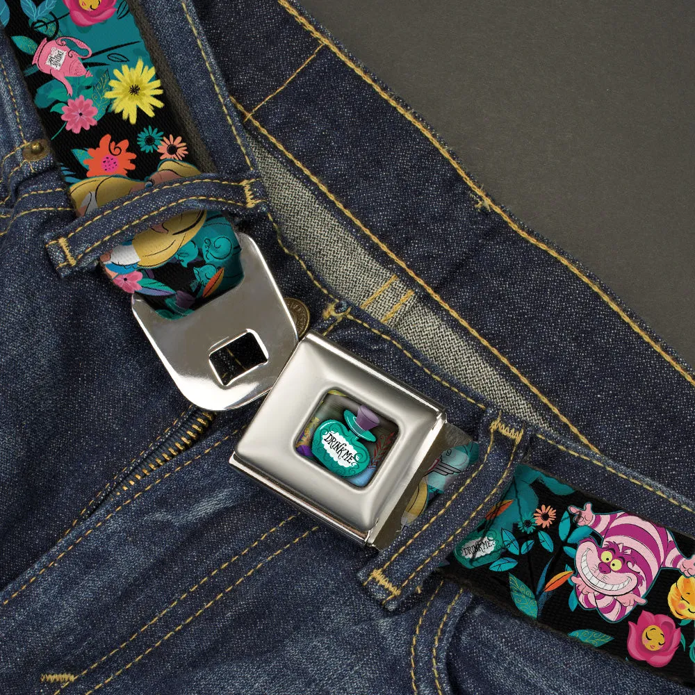 Alice in Wonderland DRINK ME Bottle Full Color Seatbelt Belt - Alice/Cheshire Cat/Flowers Poses Black/Multi Color Webbing by Buckle-Down