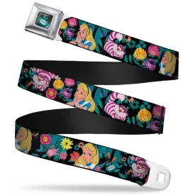 Alice in Wonderland DRINK ME Bottle Full Color Seatbelt Belt - Alice/Cheshire Cat/Flowers Poses Black/Multi Color Webbing by Buckle-Down