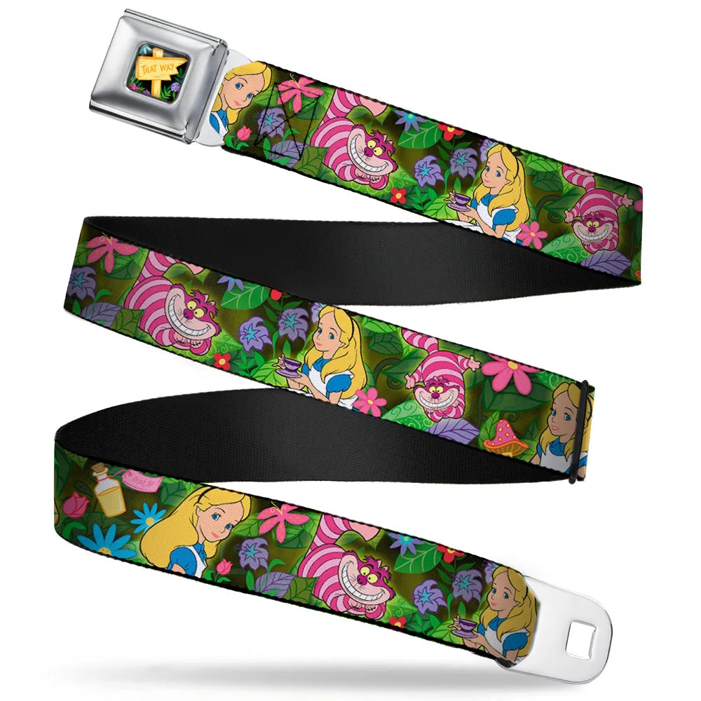 Alice in Wonderland THIS WAY Sign Flowers Full Color Seatbelt Belt - Alice & Cheshire Cat Poses/Flowers Webbing