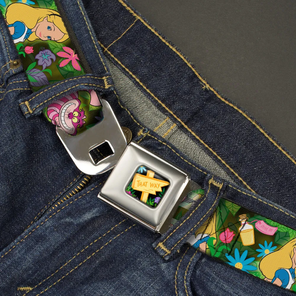 Alice in Wonderland THIS WAY Sign Flowers Full Color Seatbelt Belt - Alice & Cheshire Cat Poses/Flowers Webbing