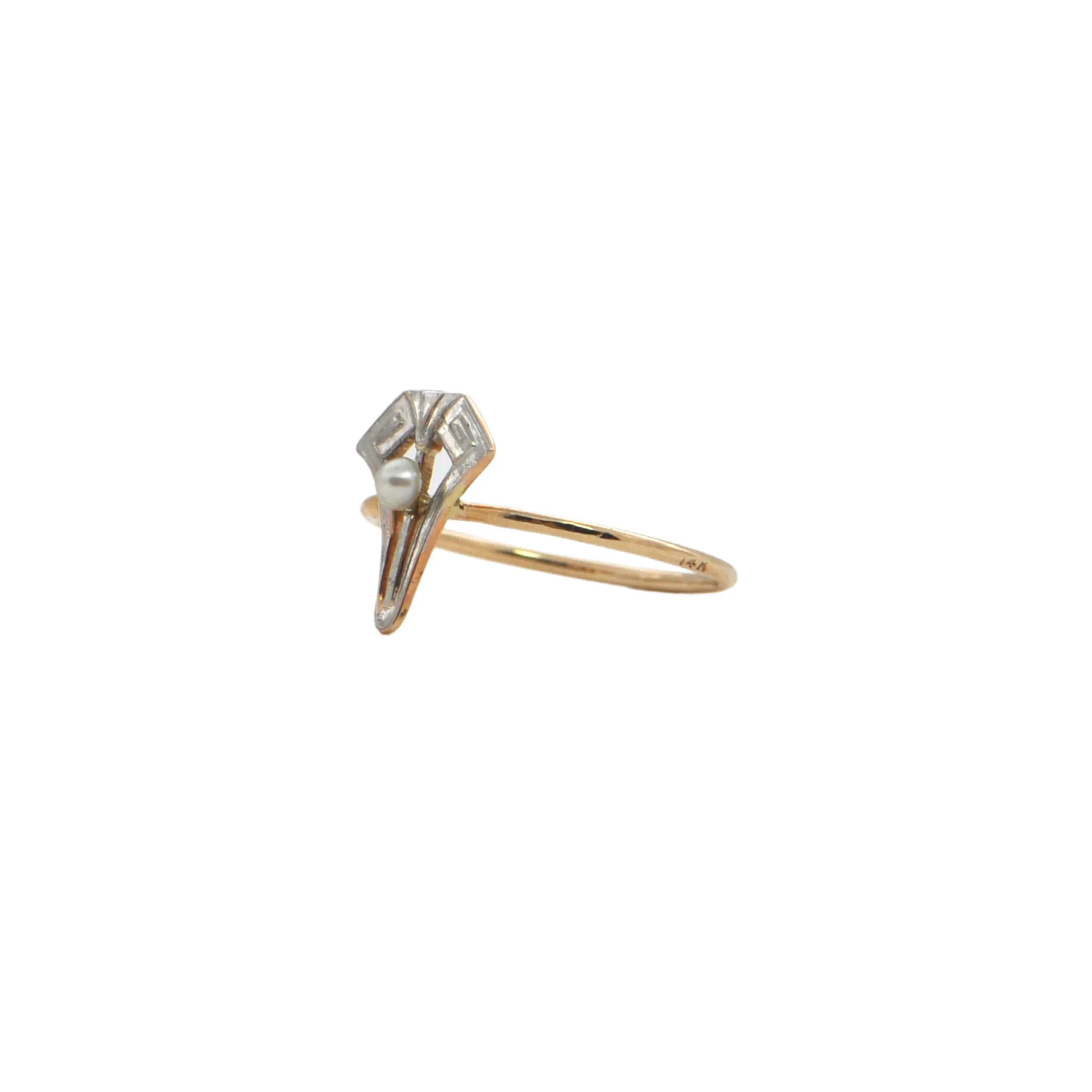 Art Deco Pearl 14K Gold Stickpin Ring