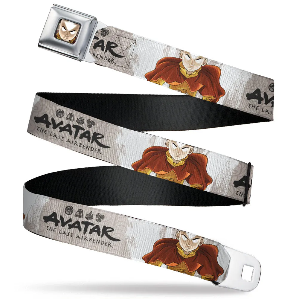 Avatar the Last Airbender Aang Face Close-Up Full Color Seatbelt Belt - AVATAR THE LAST AIRBENDER Aang Pose and Title Logo White/Grays/Black Webbing