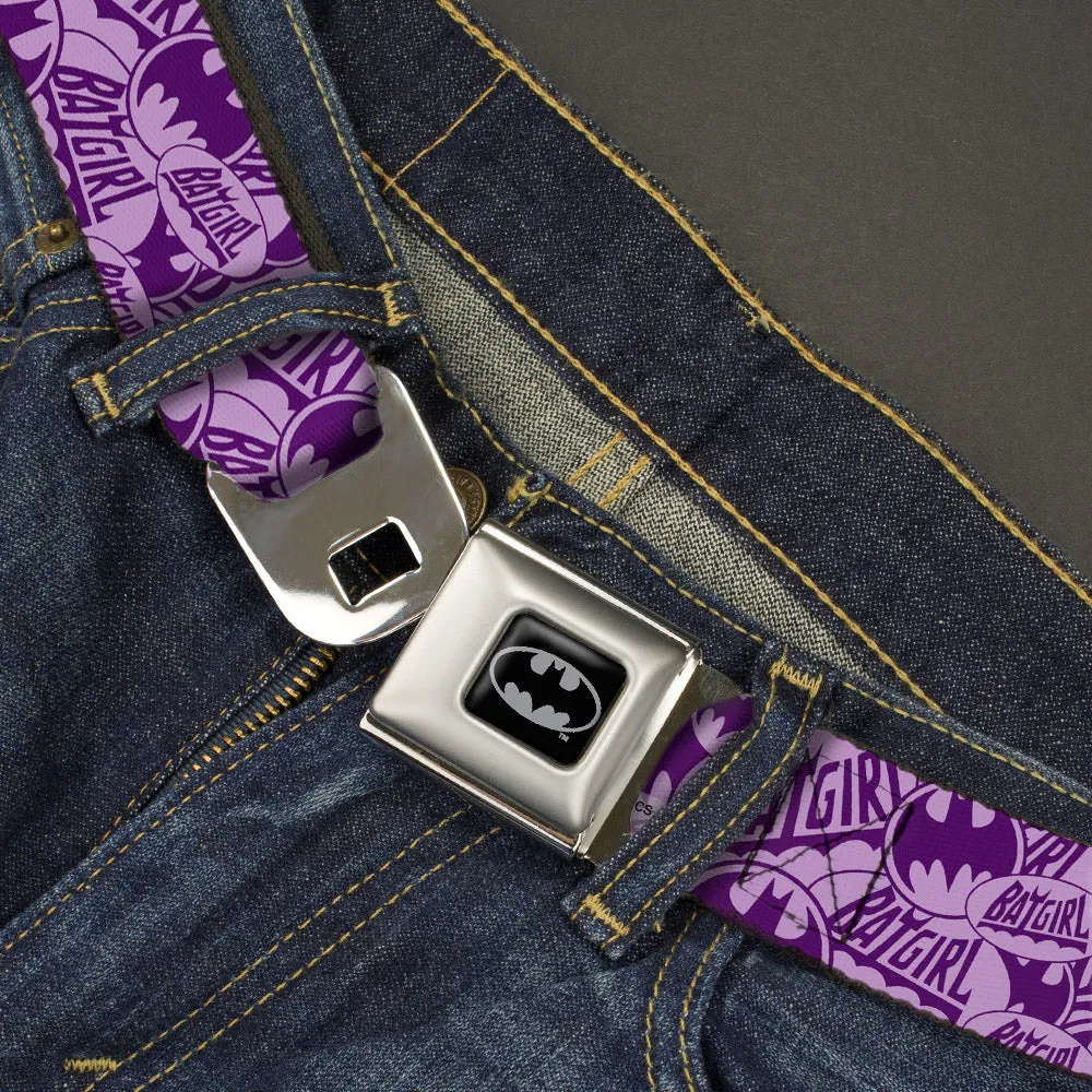 Batman Full Color Black Silver Black Seatbelt Belt - BATGIRL Logo/Bat Signal Stacked Purples Webbing