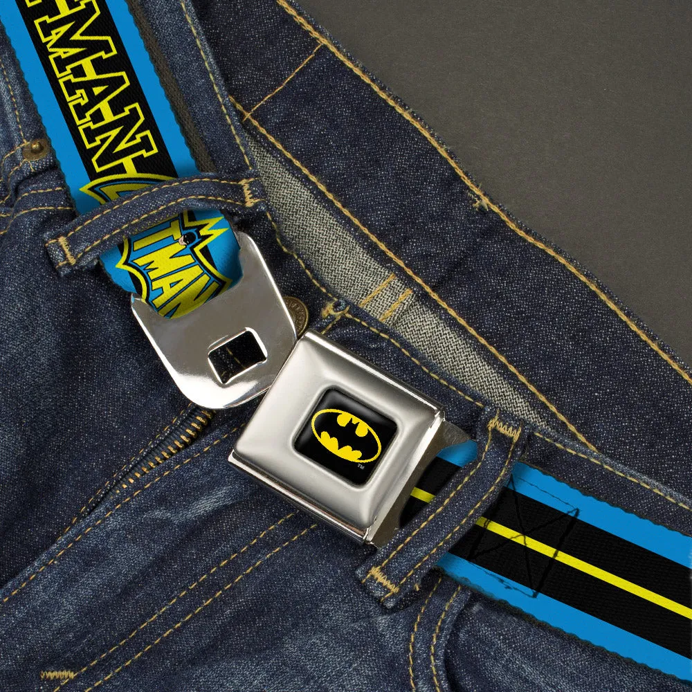 Batman Full Color Black Yellow Seatbelt Belt - BATMAN/Retro Logos Stripe Blue/Black/Yellow Webbing