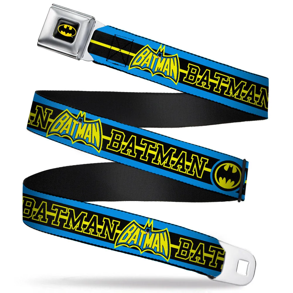 Batman Full Color Black Yellow Seatbelt Belt - BATMAN/Retro Logos Stripe Blue/Black/Yellow Webbing