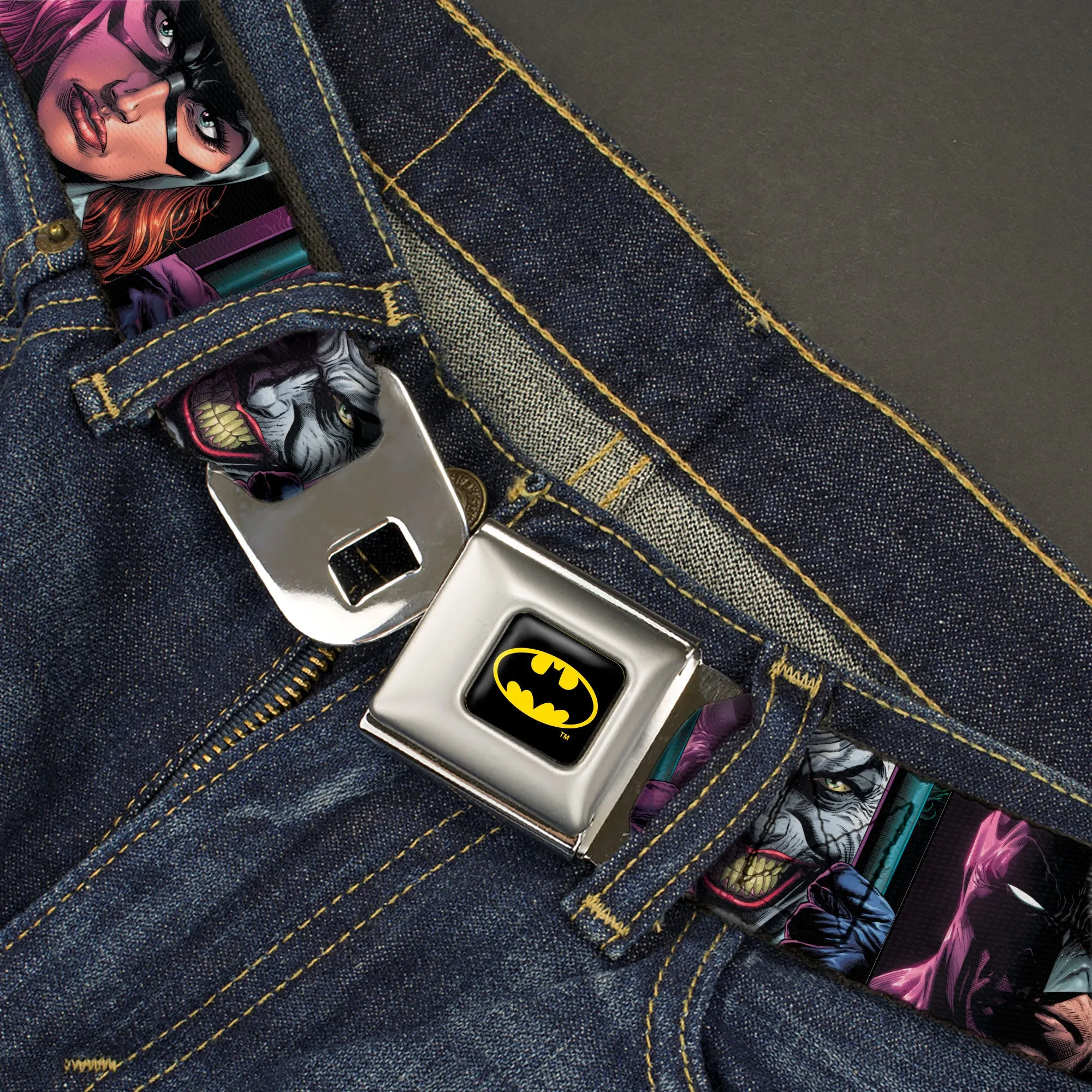 Batman Full Color Black/Yellow Seatbelt Belt - Batman Batgirl and Joker Comic Book Cover Face Close-Ups Black Webbing