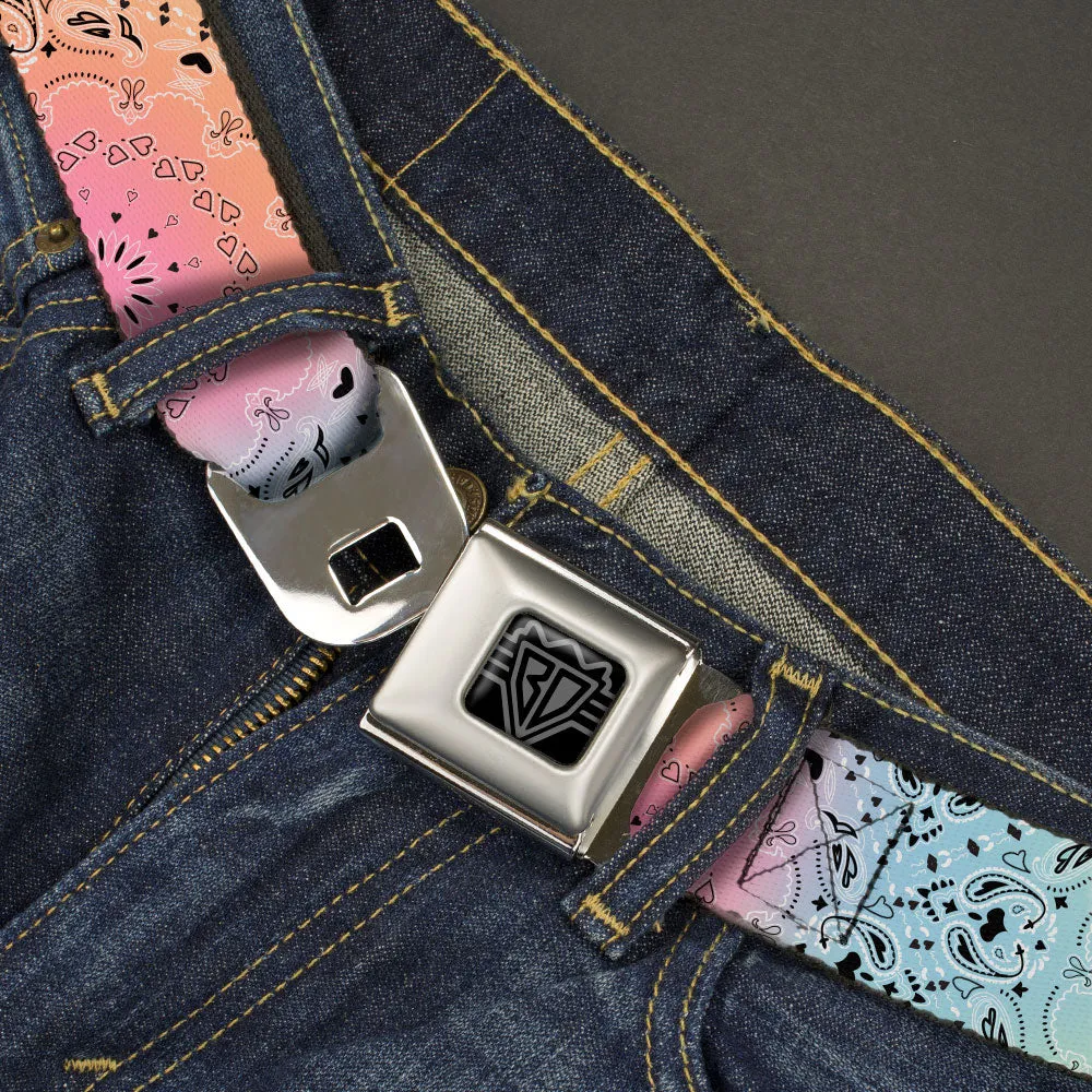 BD Wings Logo CLOSE-UP Black/Silver Seatbelt Belt - Bandana Paisley Ombre Pastel/Black Webbing