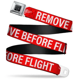 BD Wings Logo CLOSE-UP Black/Silver Seatbelt Belt - Buckle-Down REMOVE BEFORE FLIGHT Red/White Webbing