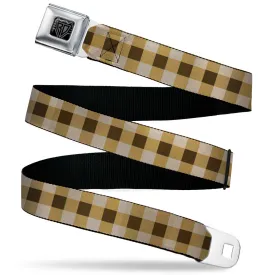 BD Wings Logo CLOSE-UP Black/Silver Seatbelt Belt - Buffalo Plaid Tans/Brown Webbing