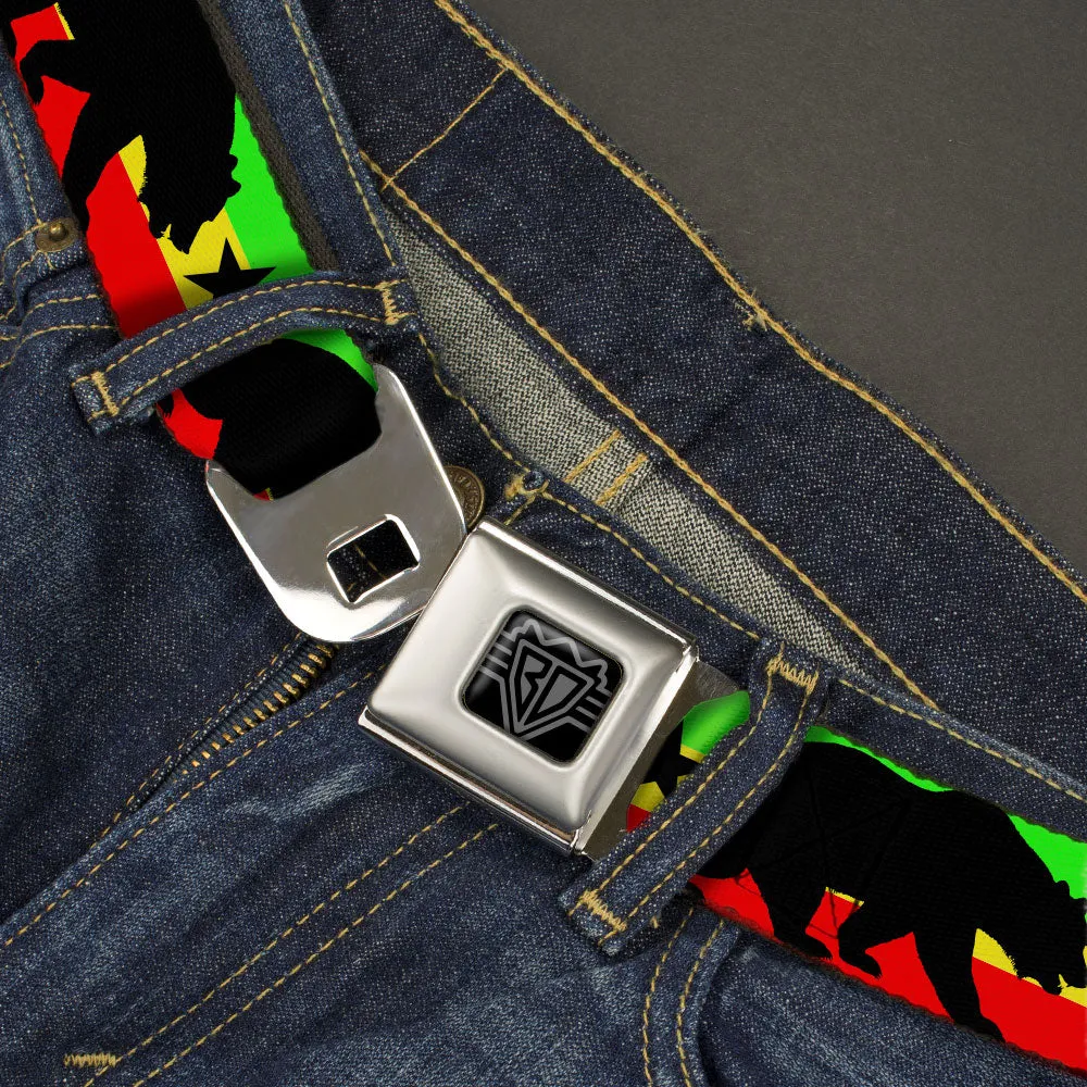 BD Wings Logo CLOSE-UP Black/Silver Seatbelt Belt - Cali Bear/Star Silhouette Rasta/Black Webbing