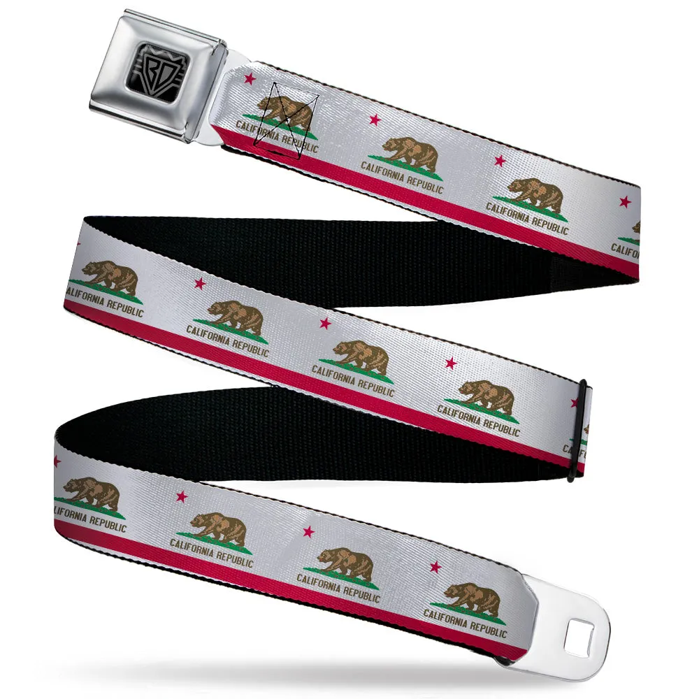 BD Wings Logo CLOSE-UP Black/Silver Seatbelt Belt - California Flag Continuous Webbing