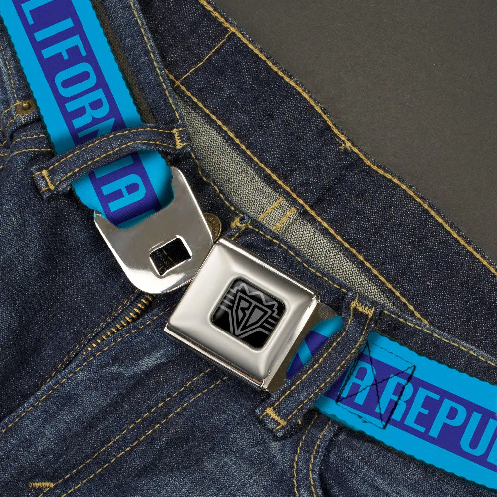 BD Wings Logo CLOSE-UP Black/Silver Seatbelt Belt - CALIFORNIA REPUBLIC/Bear/Stars Silhouette Blues Webbing