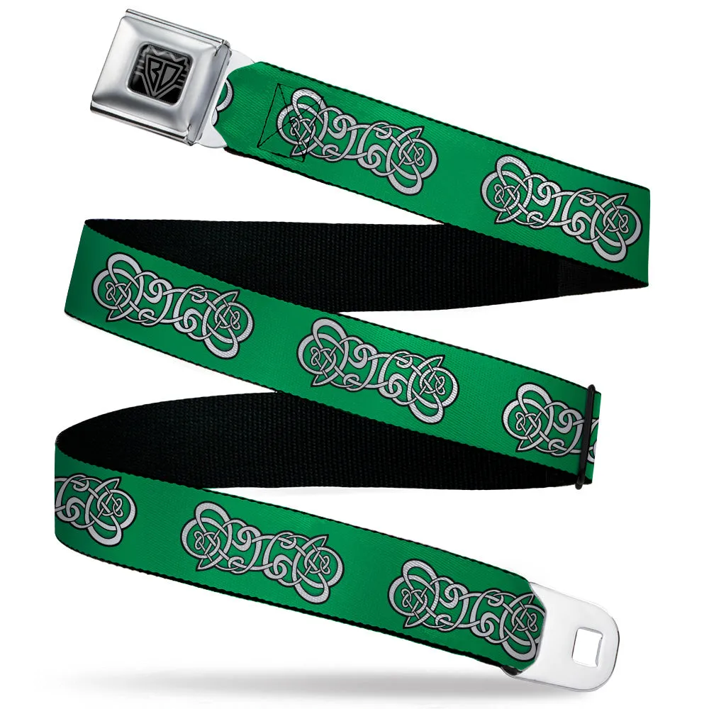 BD Wings Logo CLOSE-UP Black/Silver Seatbelt Belt - Celtic Knot2 Greens/Black/White Webbing