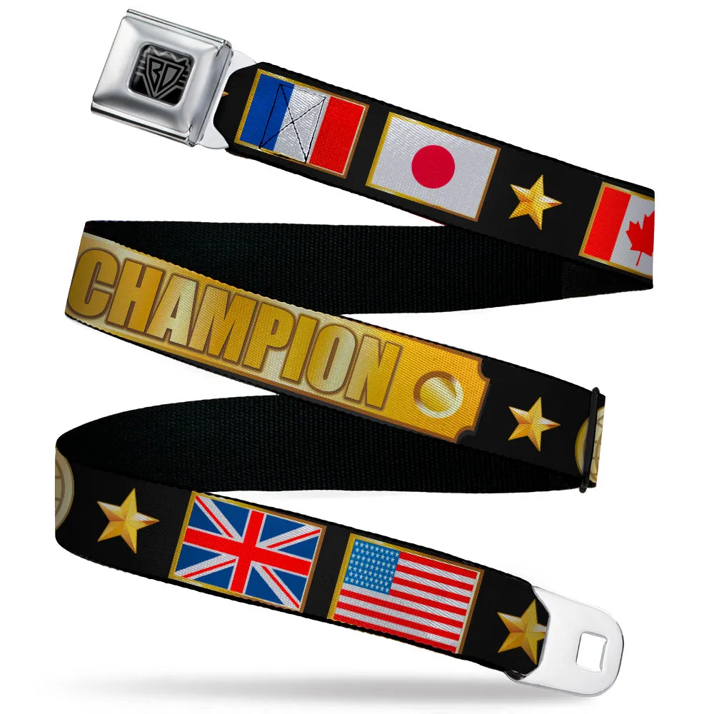 BD Wings Logo CLOSE-UP Black/Silver Seatbelt Belt - CHAMPION Belt/Flags/Stars Black/Golds Webbing