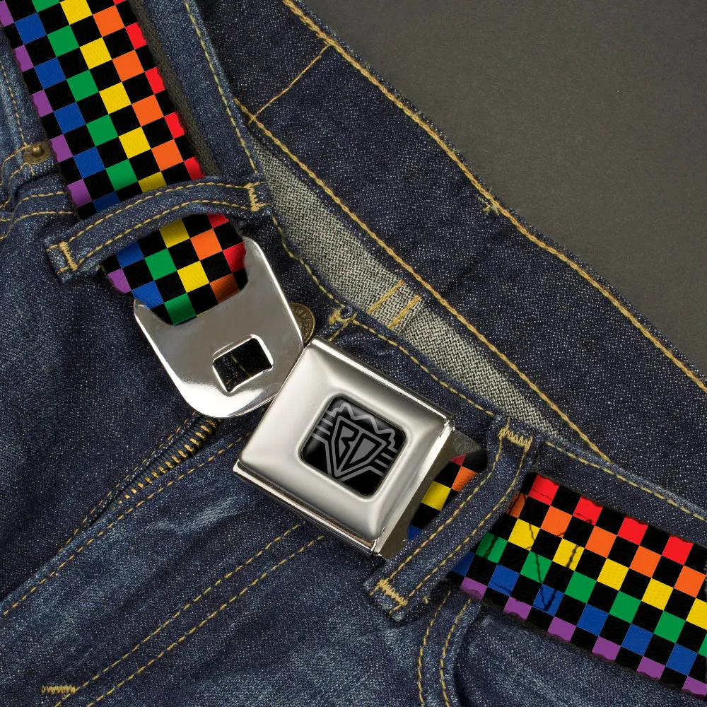 BD Wings Logo CLOSE-UP Black/Silver Seatbelt Belt - Checker Black/Rainbow Multi Color Webbing