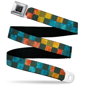 BD Wings Logo CLOSE-UP Black/Silver Seatbelt Belt - Checkers Distressed Multi Color/Black Webbing