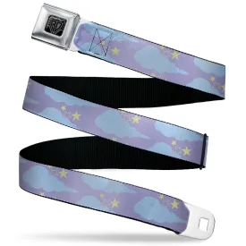 BD Wings Logo CLOSE-UP Black/Silver Seatbelt Belt - Cloudy/Starry Sky Lavender/Blue/Yellow Webbing