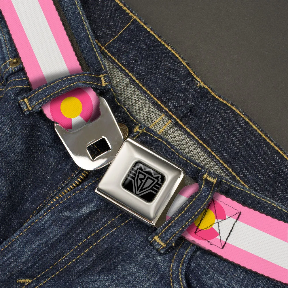 BD Wings Logo CLOSE-UP Black/Silver Seatbelt Belt - Colorado Flags5 Repeat Light Pink/White/Pink/Yellow Webbing