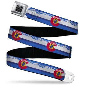 BD Wings Logo CLOSE-UP Black/Silver Seatbelt Belt - Colorado Skier4/Mountains Blues/White/Red/Yellow Webbing