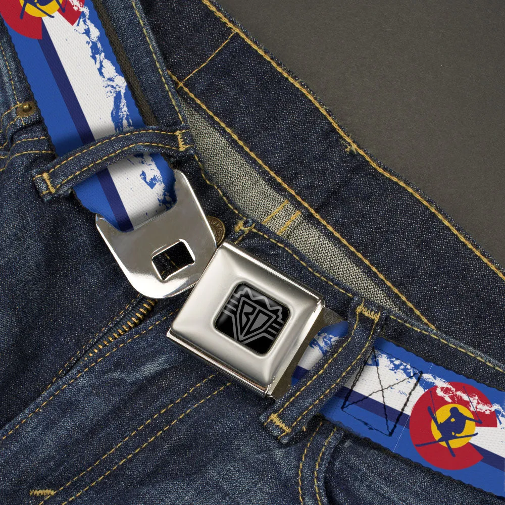 BD Wings Logo CLOSE-UP Black/Silver Seatbelt Belt - Colorado Skier4/Mountains Blues/White/Red/Yellow Webbing