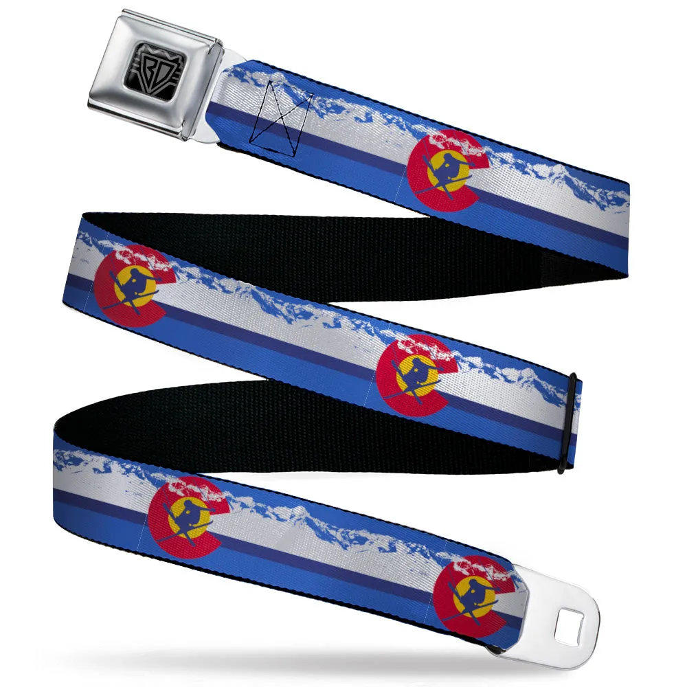 BD Wings Logo CLOSE-UP Black/Silver Seatbelt Belt - Colorado Skier4/Mountains Blues/White/Red/Yellow Webbing