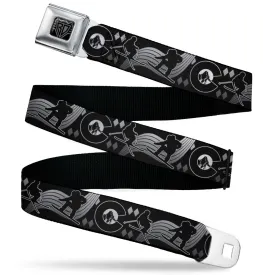 BD Wings Logo CLOSE-UP Black/Silver Seatbelt Belt - Colorado Skier/Snowboarder Black/White/Grays Webbing