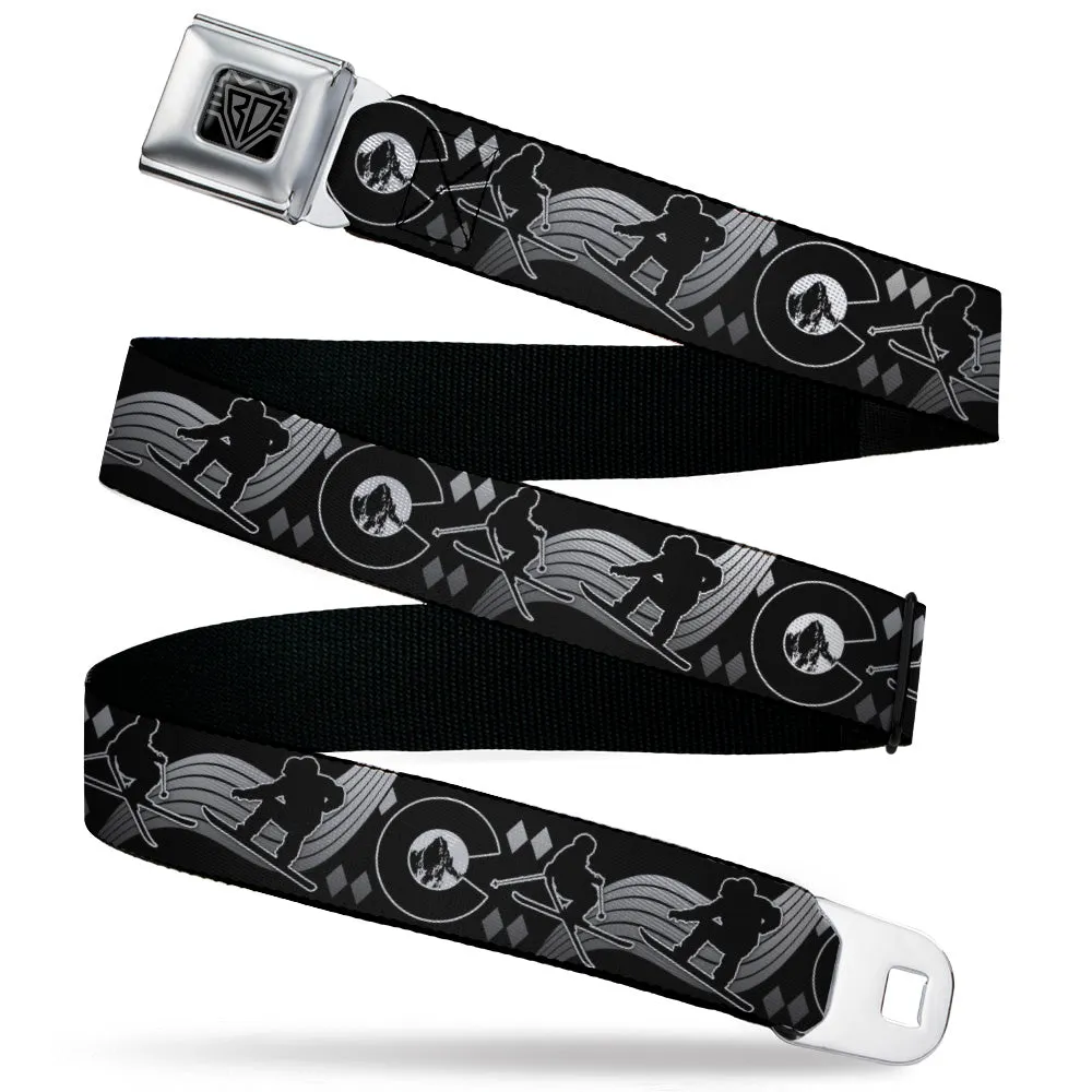 BD Wings Logo CLOSE-UP Black/Silver Seatbelt Belt - Colorado Skier/Snowboarder Black/White/Grays Webbing