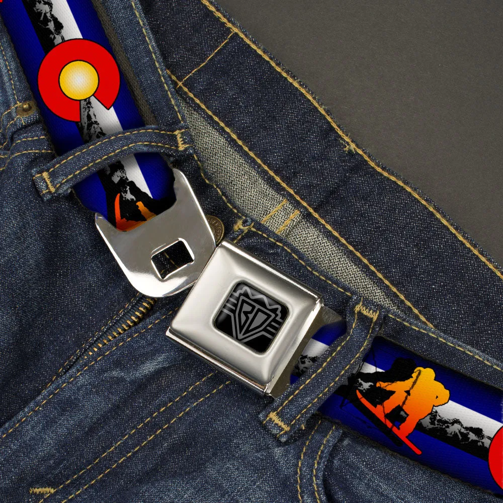 BD Wings Logo CLOSE-UP Black/Silver Seatbelt Belt - Colorado Snowboarder3 Orange/Mountains Webbing