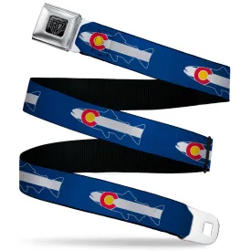 BD Wings Logo CLOSE-UP Black/Silver Seatbelt Belt - Colorado Trout Flag/Snowy Mountains Blues/White/Red/Yellow Webbing