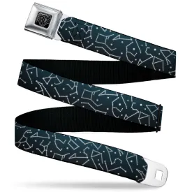 BD Wings Logo CLOSE-UP Black/Silver Seatbelt Belt - Constellations Scattered Midnight Blue/White Webbing