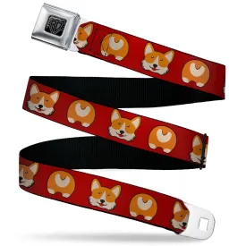 BD Wings Logo CLOSE-UP Black/Silver Seatbelt Belt - Corgi Face/Rump Red Webbing