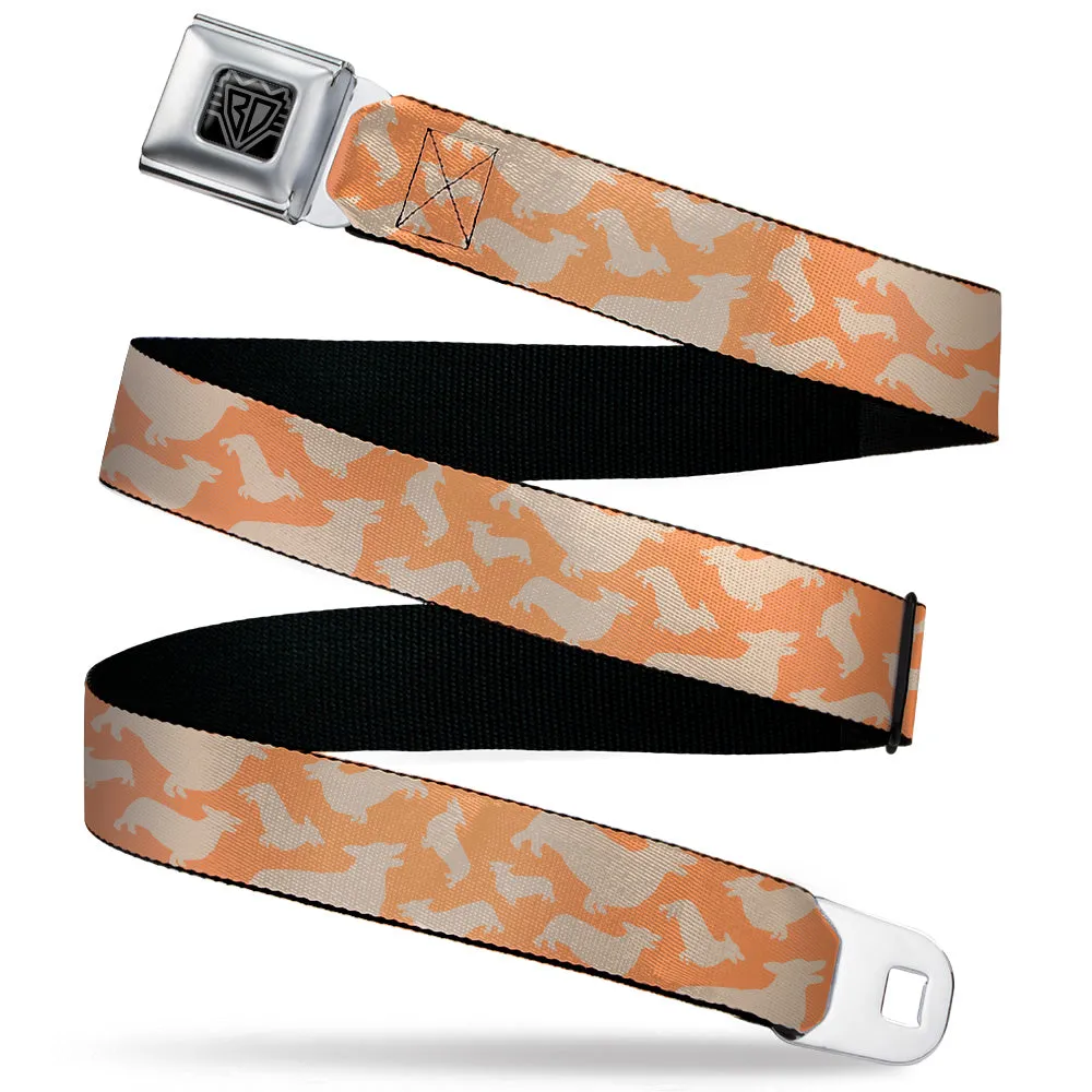 BD Wings Logo CLOSE-UP Black/Silver Seatbelt Belt - Corgi Silhouette Poses Golden Tan Webbing