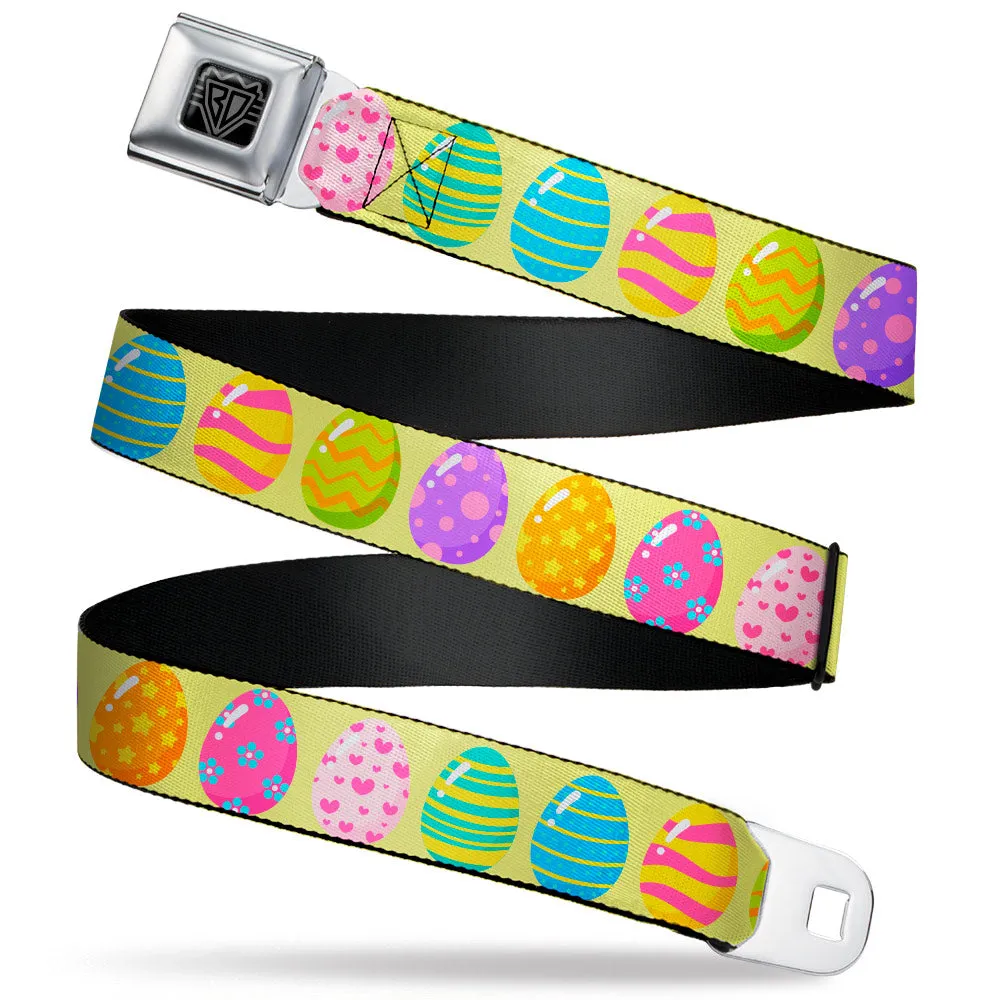 BD Wings Logo CLOSE-UP Black/Silver Seatbelt Belt - Easter Eggs Decorated Eggs Yellow/Multi Color Webbing