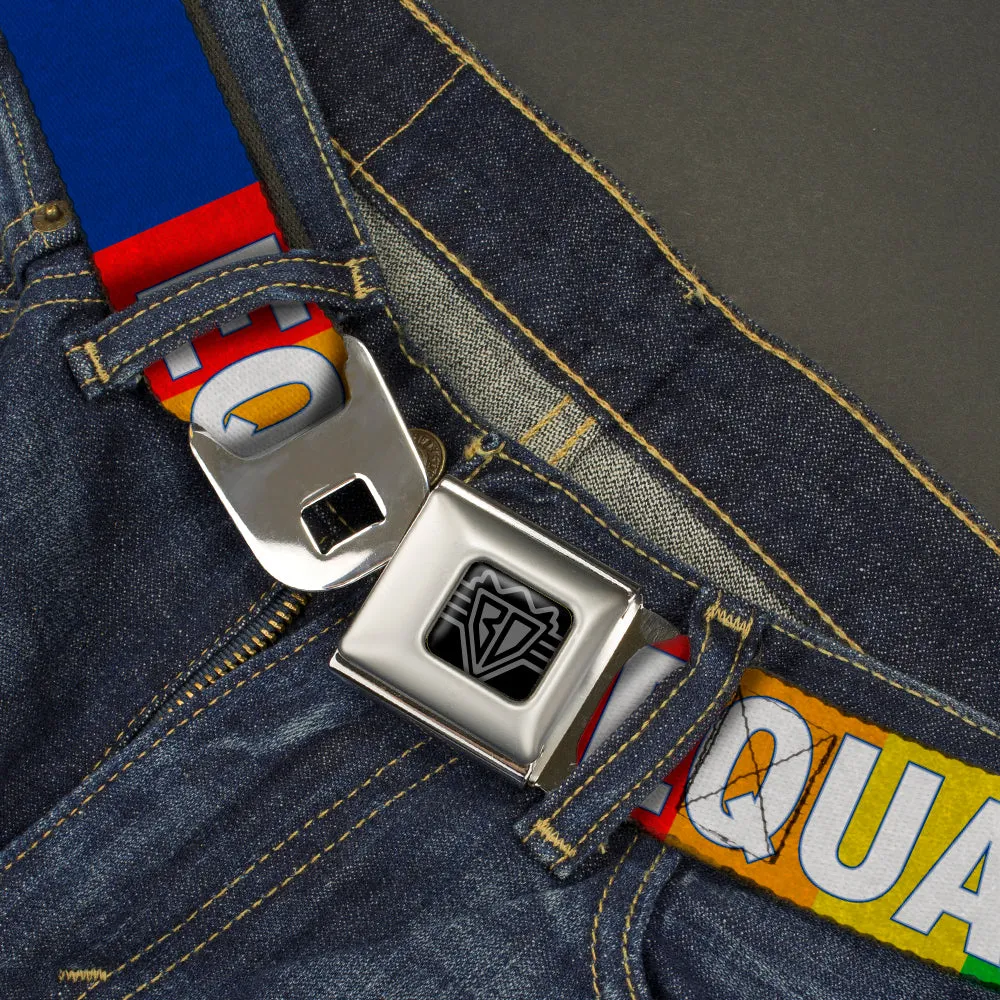 BD Wings Logo CLOSE-UP Black/Silver Seatbelt Belt - EQUALITY Blocks Rainbow/Blue/White Webbing