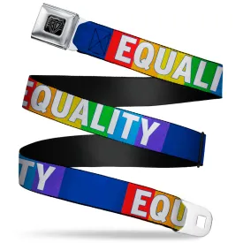 BD Wings Logo CLOSE-UP Black/Silver Seatbelt Belt - EQUALITY Blocks Rainbow/Blue/White Webbing