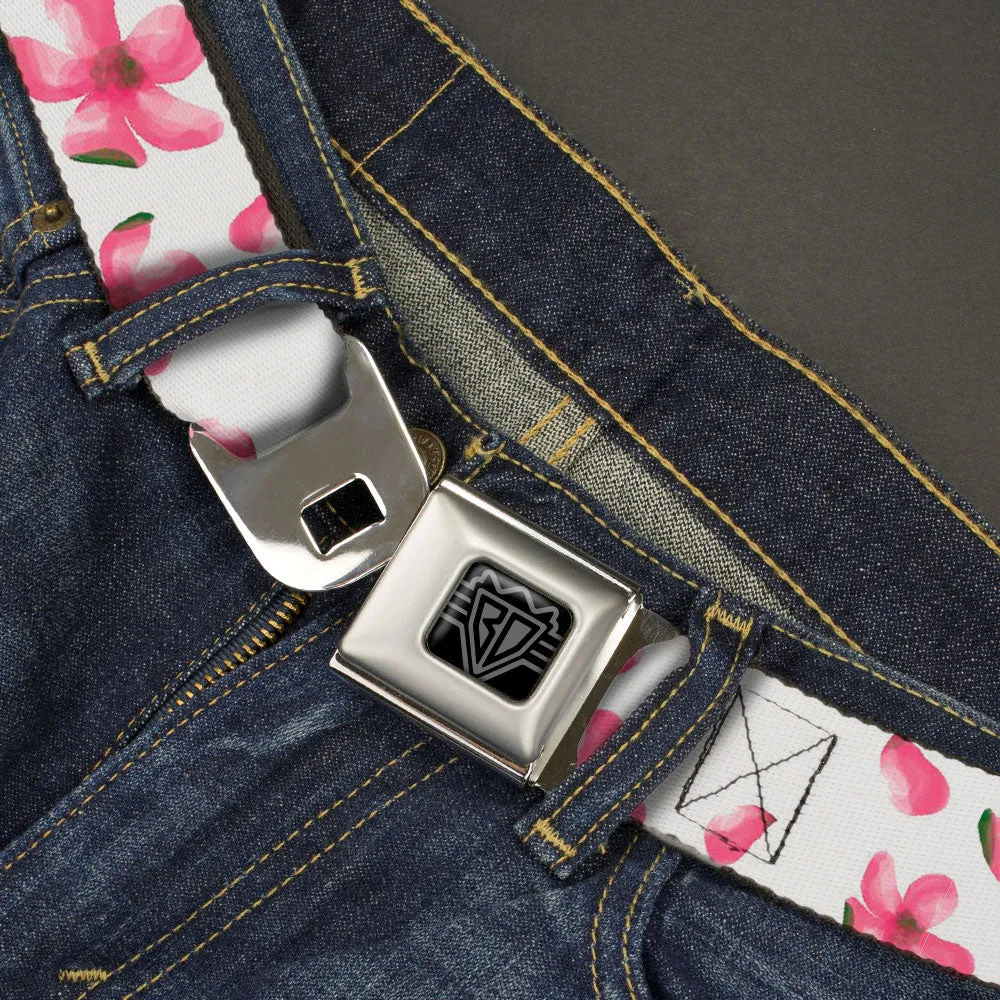 BD Wings Logo CLOSE-UP Black/Silver Seatbelt Belt - Flowers/Petals Scattered White/Pinks Webbing