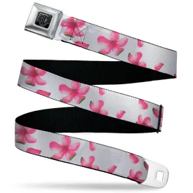 BD Wings Logo CLOSE-UP Black/Silver Seatbelt Belt - Flowers/Petals Scattered White/Pinks Webbing